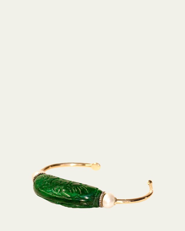 18K Yellow Gold Carved Jade Bracelet with Diamonds and Pearls